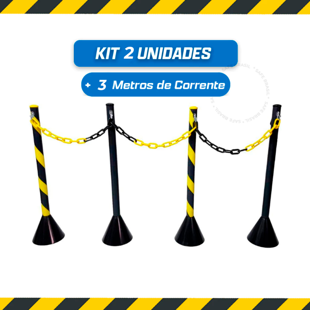 kit 2 Pedestal Plástico Zebrado ou Preto + 3 Metros Corrente Sinalização Amarelo/Preto