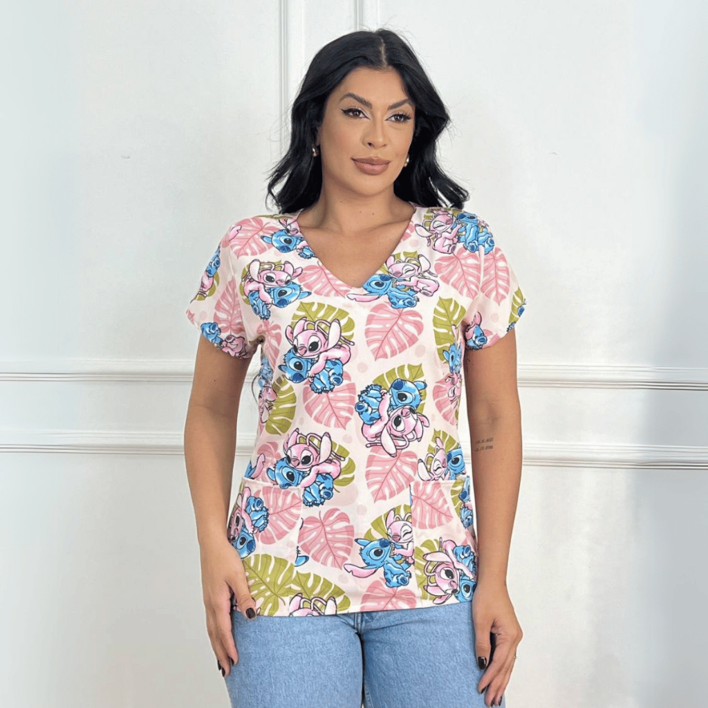 Blusa Bata Scrubs Feminina Estampada - Stitch
