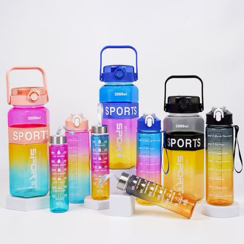 Kit Garrafas 3 em 1 garrafas 2L 900ml 300ml Squeze Academia Treino Tie Dye com adesivos