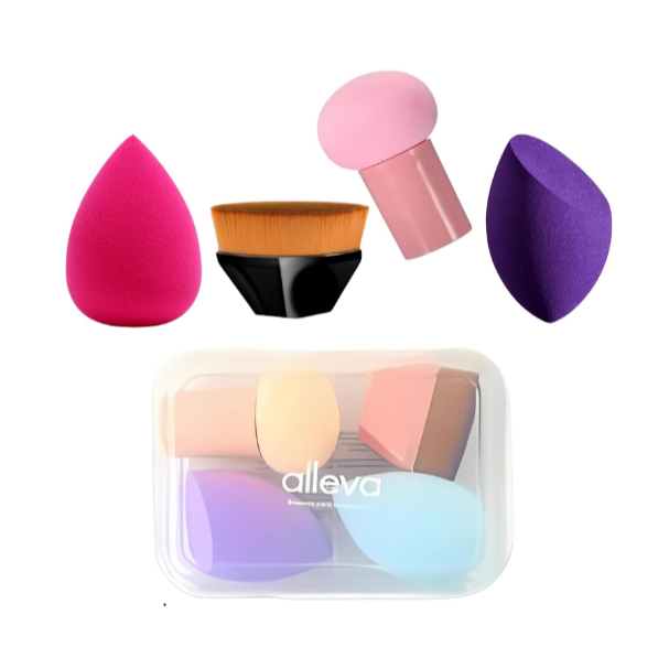 Kit de Esponjas de Maquiagem com Suporte, 4 Modelos, Pincel Mágico, Pincel Cogumelo, Esponjas Chanfrada, Gota e Almofada
