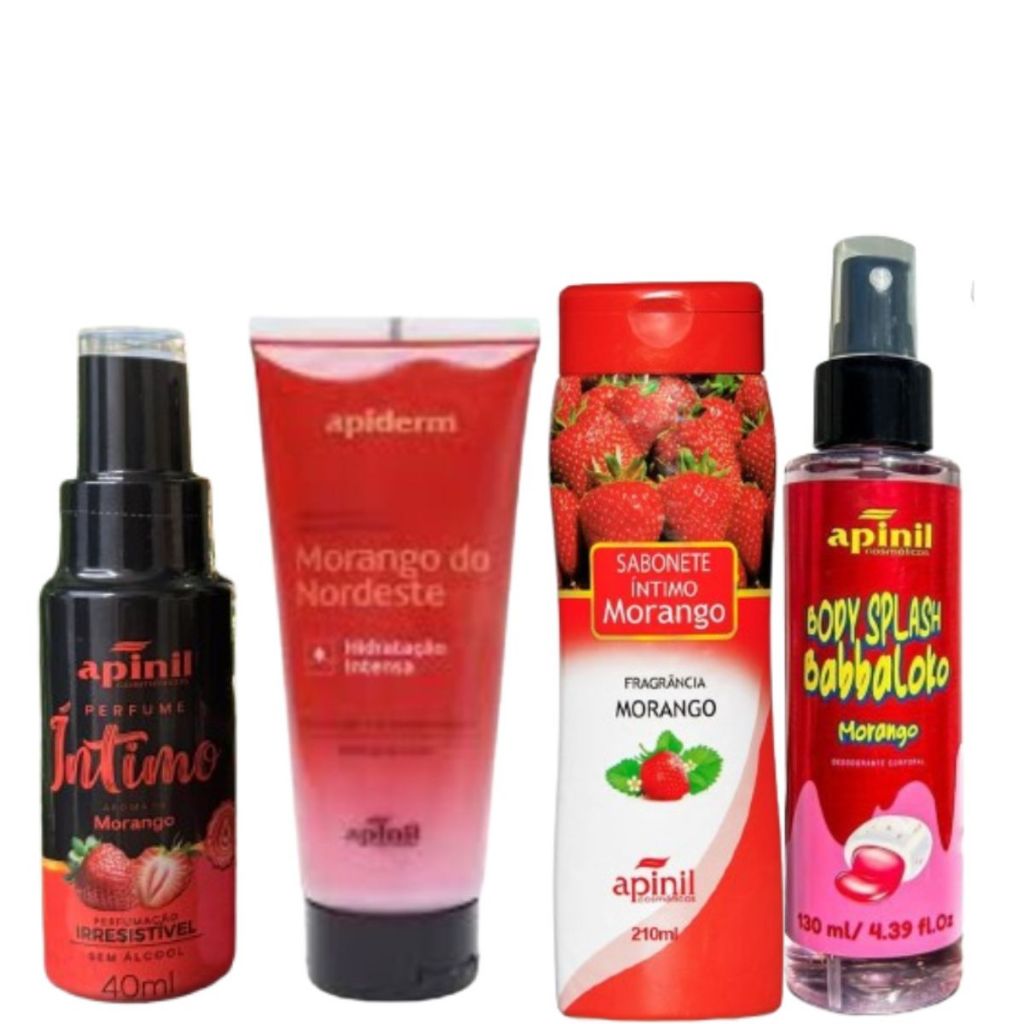 Kit Sabonete, Perfume Íntimo beijável , Hidratante, Body Splash Morango - Apinil