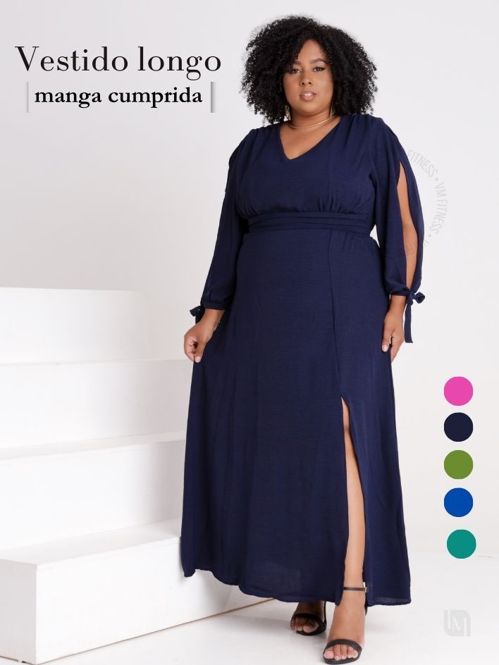 Vestido Longo Plus Size Manga Comprida Com Fenda e Abertura na Manga Tecido Duna Liso. mod...