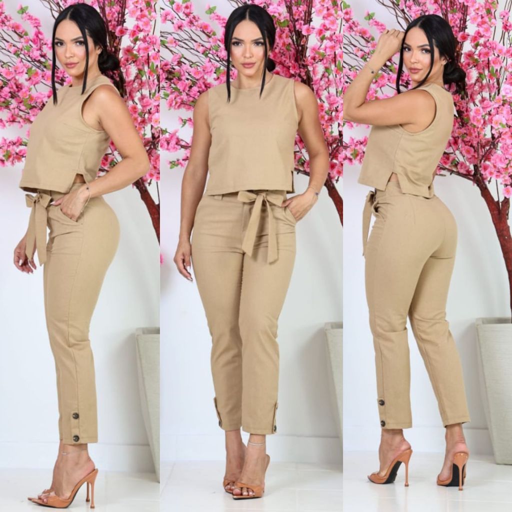 conjunto linho feminino calça e blusa em Oferta na Shopee