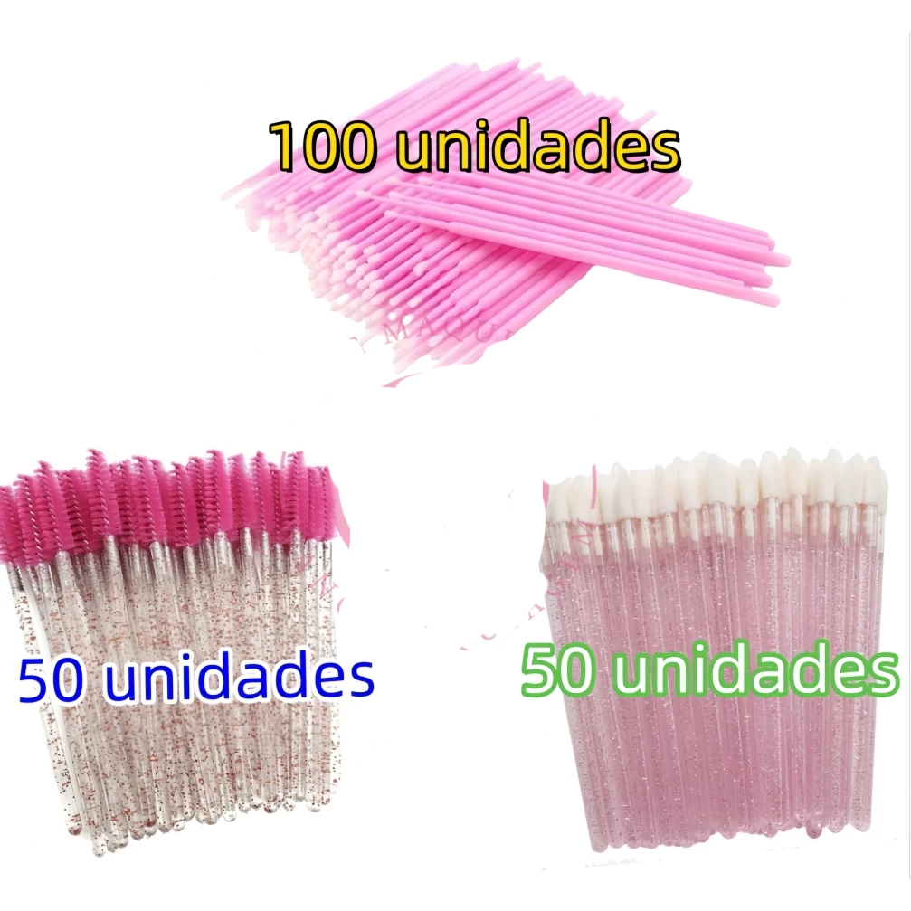 Conjunto Kit 50 Escovinhas + Kit 50 Aplicador de Batom + Kit 100 Escovinhas Limpeza para Cílios
