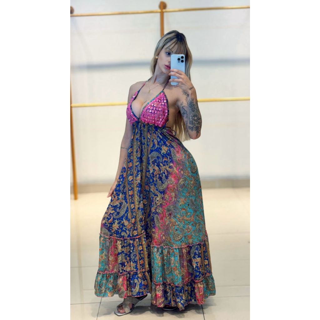 Vestido elegante feminino multiforma costa nua frente unico longo de Seda bordado Indiano estampado