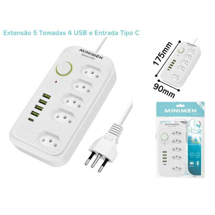 Extensão 5 tomadas 4 USB 1 Type-c Bivolt 3M