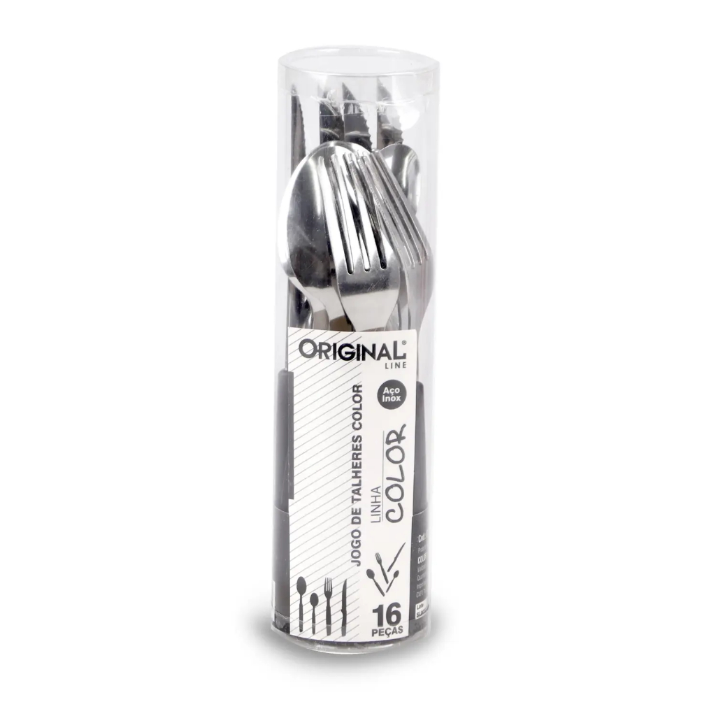 Kit De Talheres Faqueiro De Inox Com 16 Pçs Cabo Plástico Preto Color No Tubo Atacado Original Line em Oferta na Shopee