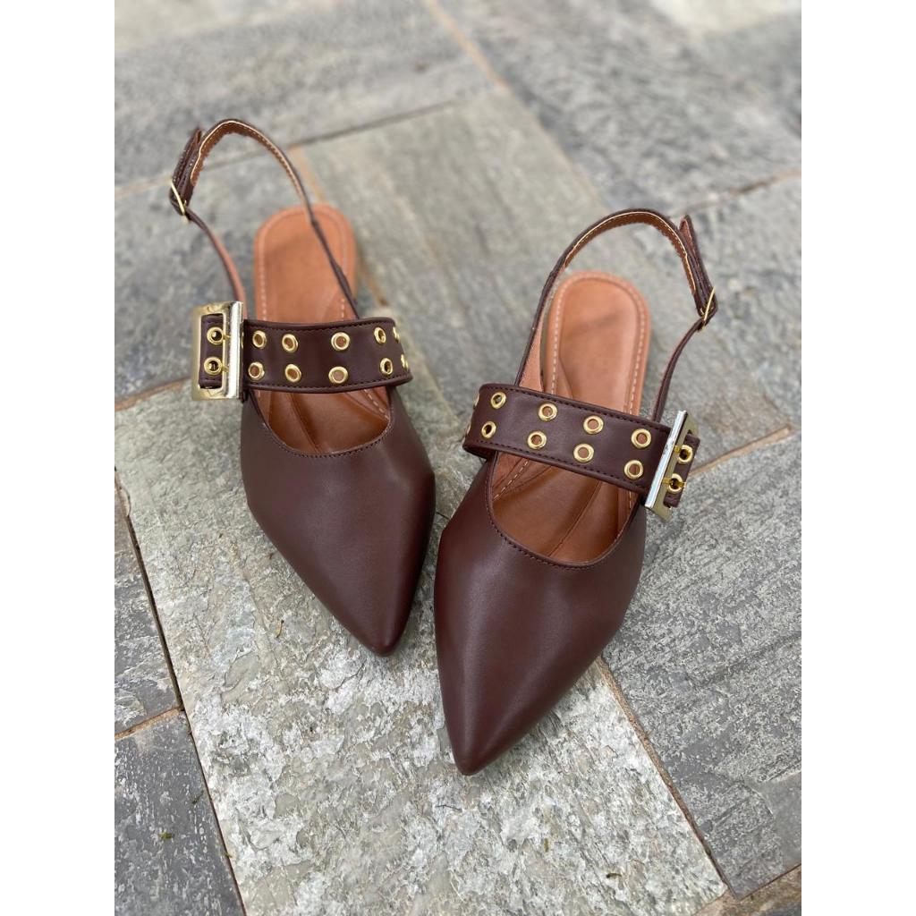 Linda Sapatilha Slingback Feminina Napa Café Fivela Ilhós Ouro - Donna Bella Frete Gratis e Envio Rapido — imagem 2 de 2