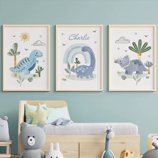 Kit 3 Quadros Decorativos Infantil Dinossauro Azul – Arte Baby com Nome Personalizado em Oferta na Shopee