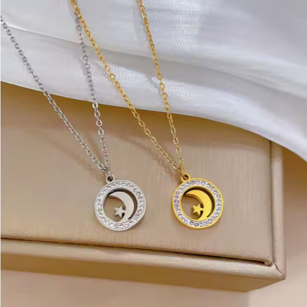 Moda Colar Com Pingente Pedras Zircônia Lua e Estrela Feminino Cravejada Aço Inoxidavel