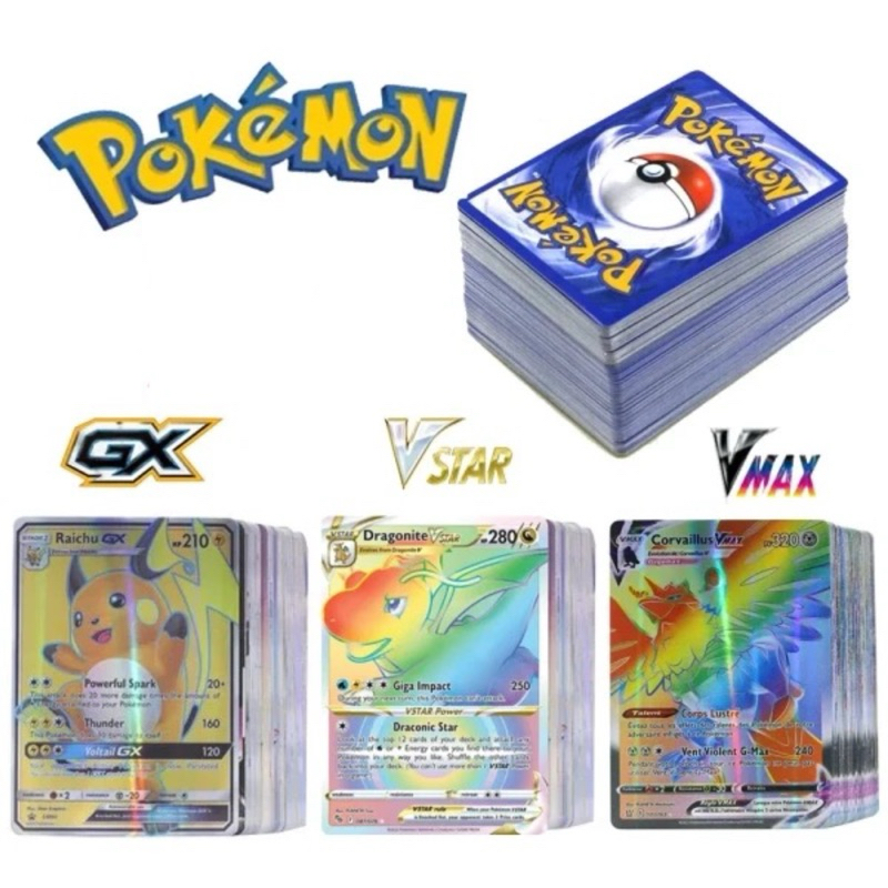 Lote 100 Cartas Pokémon TCG Rainbow Ultra Raras GX/VMAX Cards Anime Para Coleção Batalhas e Presentes Ideal Para Jogos