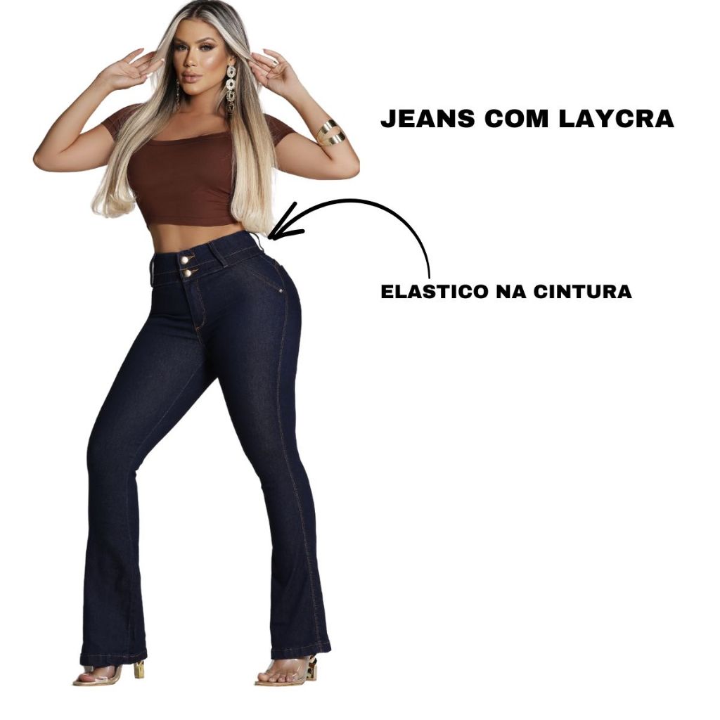 Calça Flare Jeans feminina Elastico Cintura Laycra