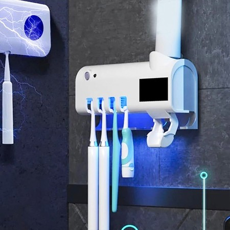 Dispenser Pasta Dental + Esterilizador UV 3 em 1 | Porta 4 Escovas | Solar | Banheiro-K8