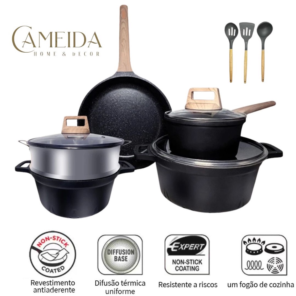 ogo de Panelas 14 Peças Revestimento Granito Fogão a Indução/Gás/Elétrico- Preto Com Alças Removíveis e Cesto a Vapor