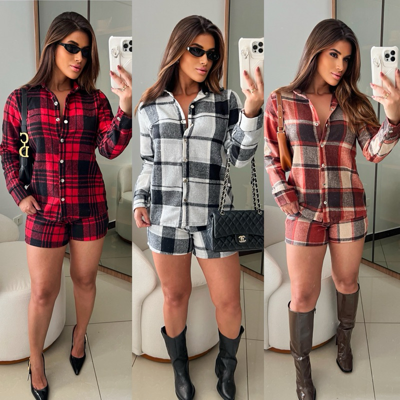 Conjunto Feminino Camisa e Short Xadrez | P ao GG