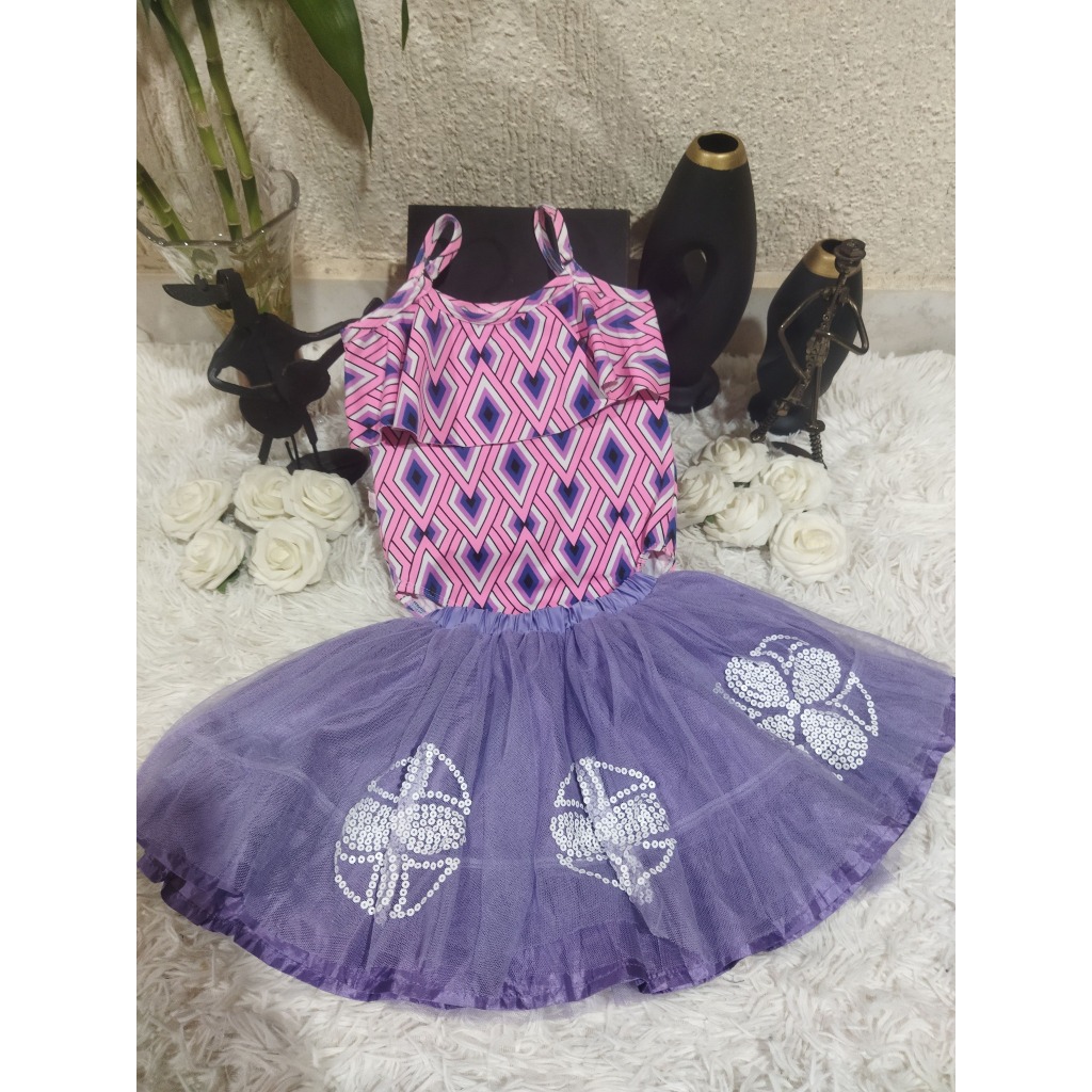 Conjunto Infantil Feminino, (Body Regata Estampado + Saia Tule Tutu), Tam: 06, Marca: Dmbauer