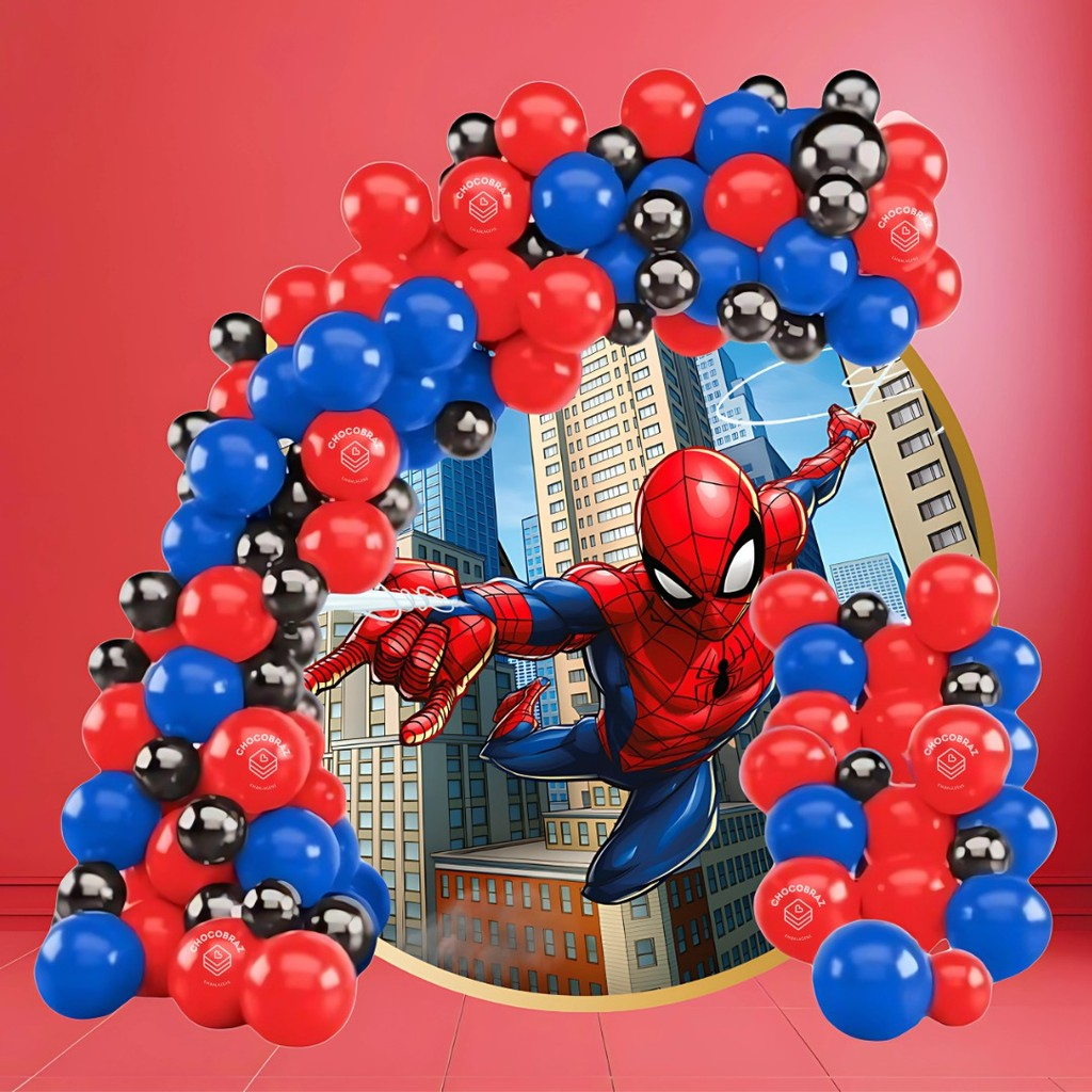 Kit 125 Balões HOMEM ARANHA  AZUL  7" + VERMELHO 7" + PRETO CR 5"- Balão Bexiga Liso/Cromado KIT05