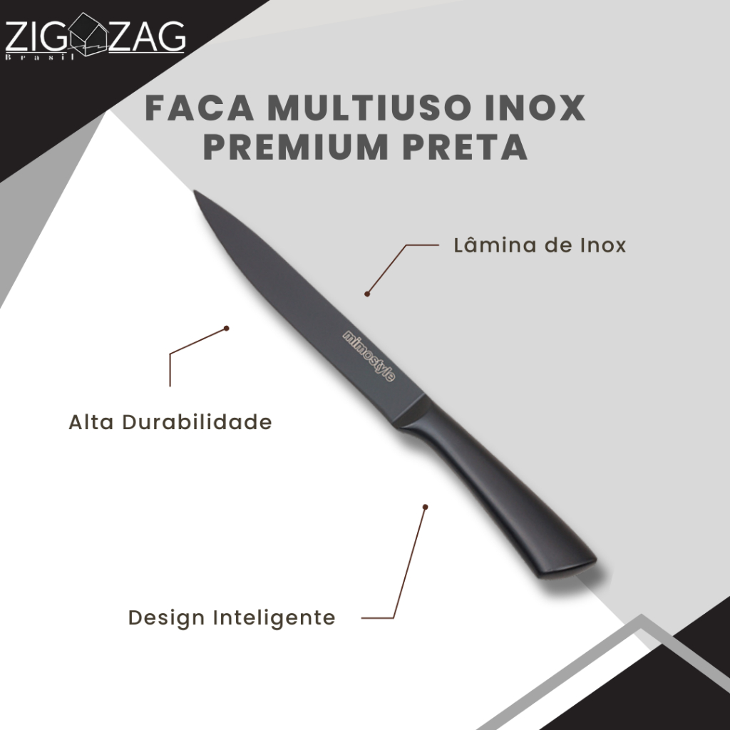Faca Multiuso Inox Premium, Preta | Ideal para Cortar, Fatiar e Picar Carnes, Vegetais e Frutas em Oferta na Shopee
