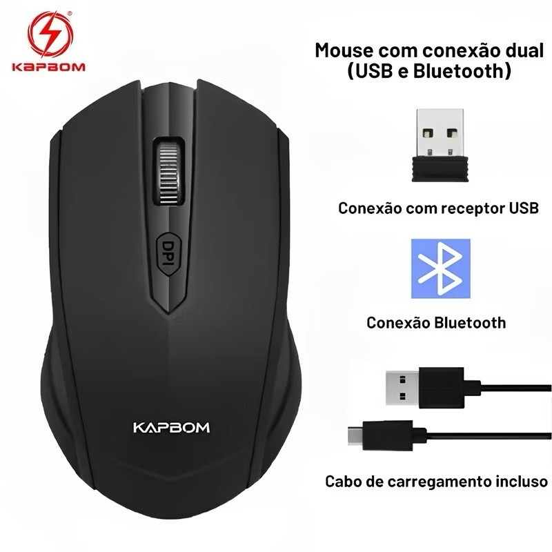 Mouse sem fio recarregável de 1600 DPI，com conexão 2.4GHz e Bluetooth，Para Notebooks, Desktops e Tablets