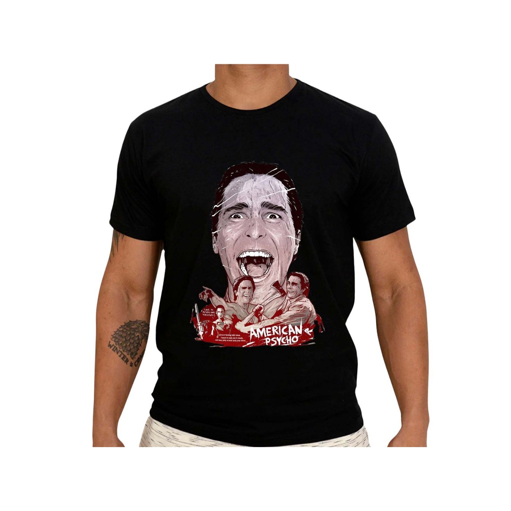Camiseta preta algodão American Psycho filme de horror psicológico satírico.