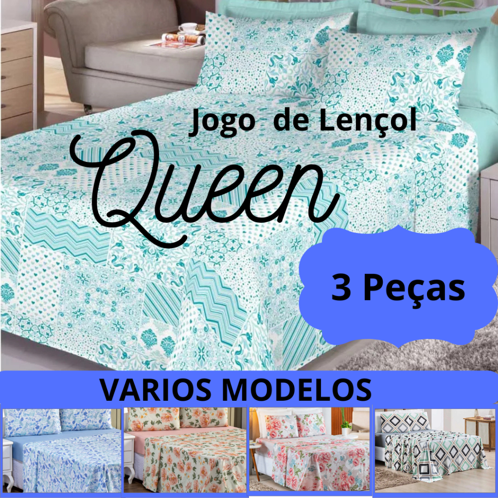 Kit 5 Jogo de Lençol Casal Queen Com Elástico Jogo de Cama 3 Peças Estampado
