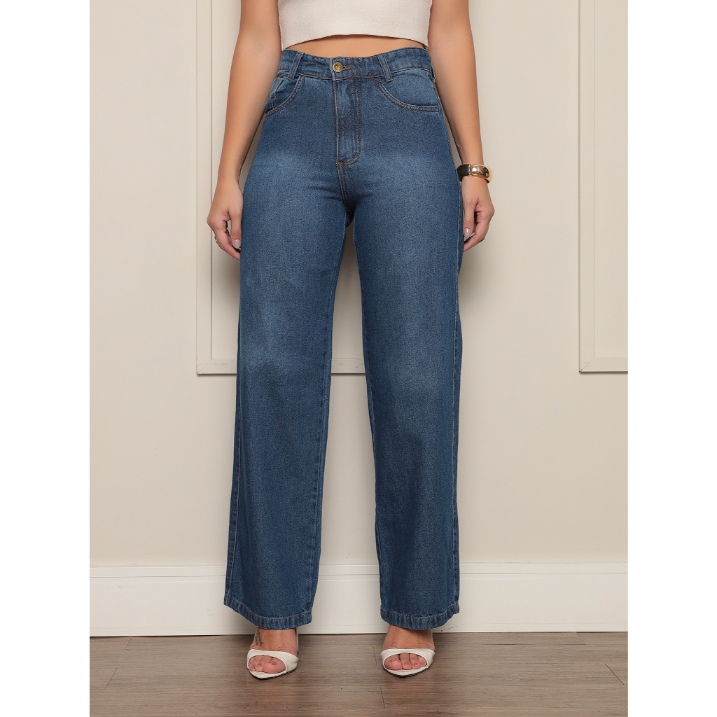 Calça Jeans Feminina Wide Leg  Sem Lycra Pantalona Perna Larga Cintura Alta Marmorizada Confortável