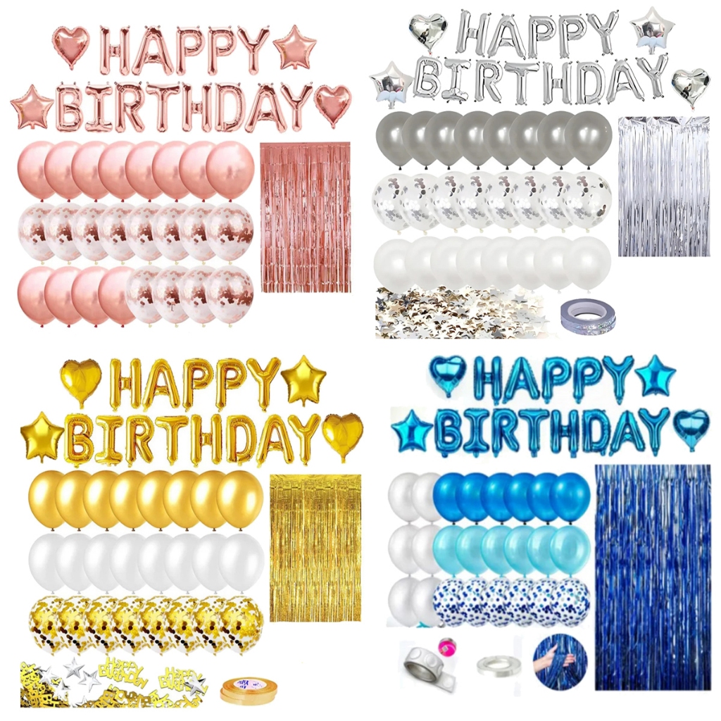 Kit Feliz Aniversário C/45pçs Balão Bexiga Confete Cortina Happy Birthday Metalizado Festa Decoração Enfeite