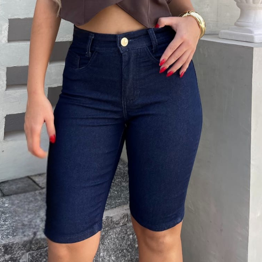 Short Jeans Feminino Bermuda Ciclista Cintura Alta Levanta e Empina Bumbum Com Lycra Elastano