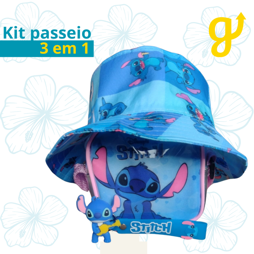 Kit passeio 3 em 1 Bolsa com alça regulável + Bucket hat + chaveiro emborrachado Stitch