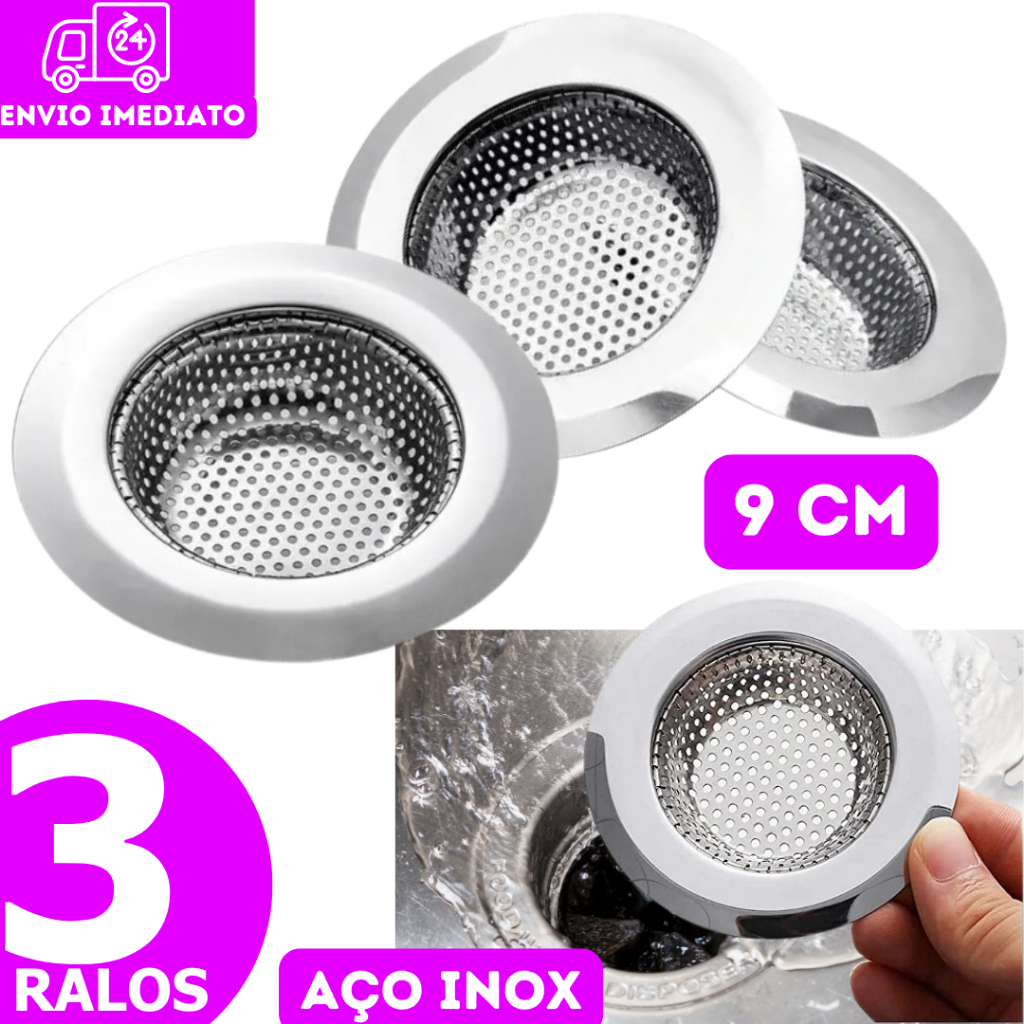 Kit 3 Ralo Ralinho Para Pia Em Inox Cozinha Inox 9cm Ideal Multiuso Universal Protetor para Cuba de Cozinha Restaurante