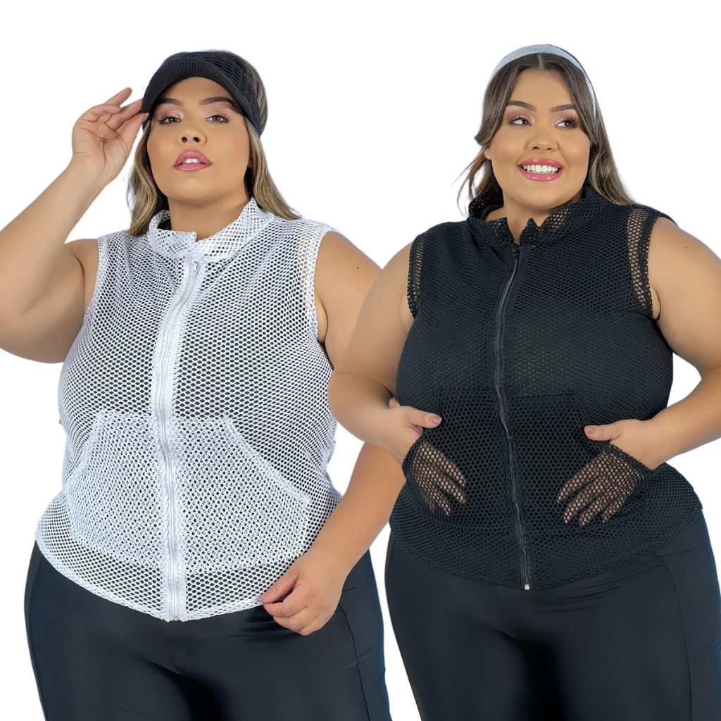 jaqueta Colete Academia Fitness Plus Size Tela Arrastão com Bolso Fechamento Ziper em Oferta na Shopee