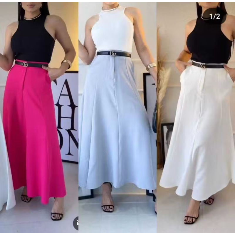 Saia Longa Rodada Feminina Alfaiataria Moda Evangélica Casual Básica Inverno Cintura Alta Elegante Tendência