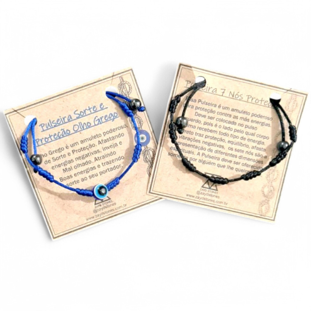 Kit 2 Pulseiras Kabbalah Cabala Sete nós Preta Proteção e Seis nós Olho Grego com Hematita - AJUSTÁVEL ORIGINAL