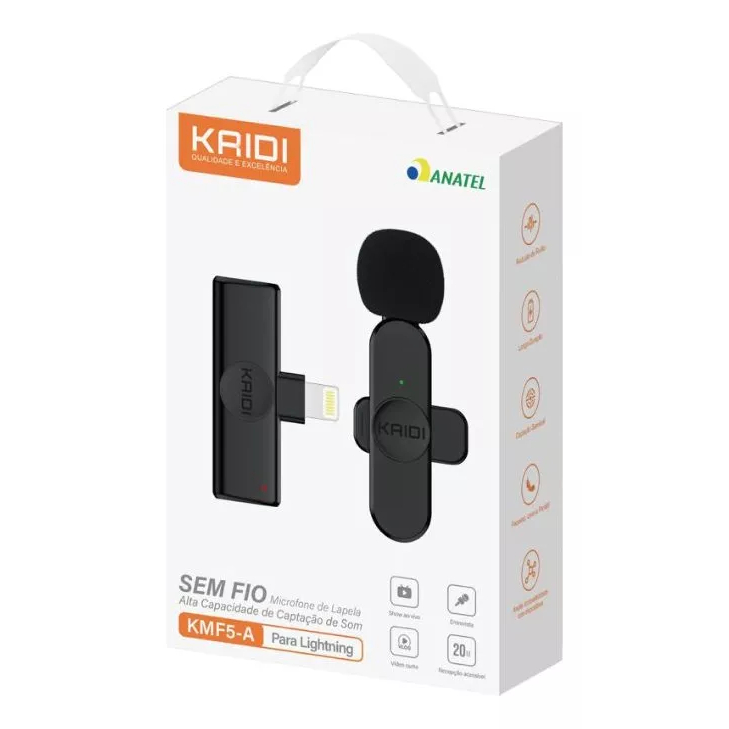 Microfone Lapela P/ iPhone Kaidi Lightning Sem Fio Preto IPHONE 5-14