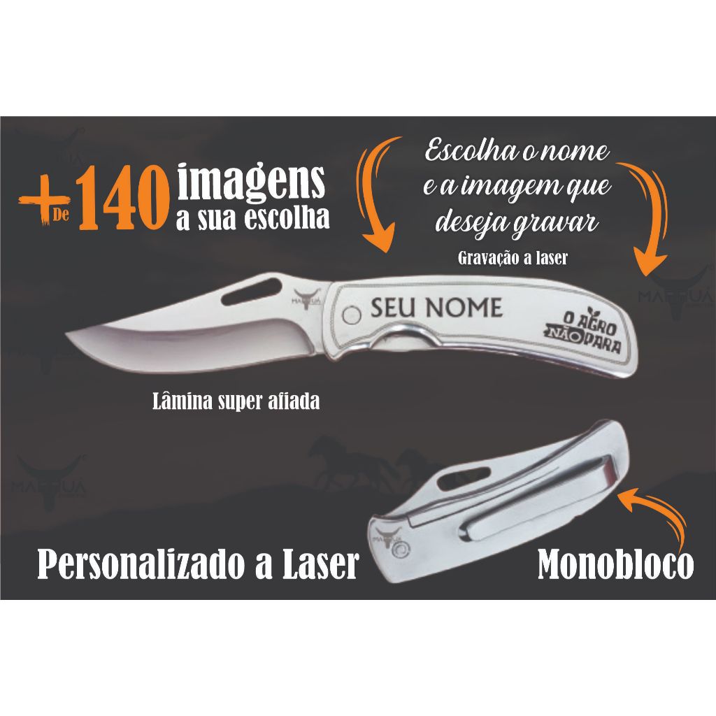 Canivete De Bolso Em Inox Monobloco Personalizado A Laser