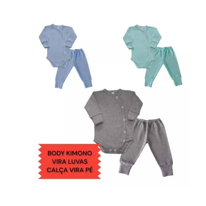 Kit 6 Peças - 3 Body Kimono Vira Luvas + 3 Calça Prematuro