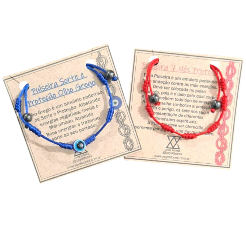 Kit 2 Pulseiras Kabbalah Cabala Original Sete nós Vermelha Proteção e Seis nós Olho Grego com Hematita - AJUSTÁVEL