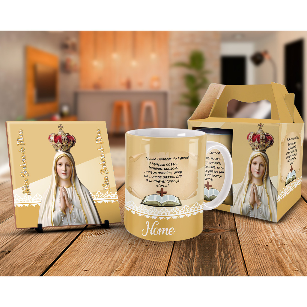 Caneca + Kit Nossa Senhora de Fátima com Nome Personalizado