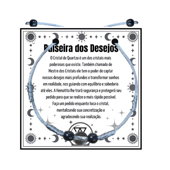 Pulseira Dos Desejos Cristal Natural pedra 2025 Prata Kaballah Cabala Hematita - Ajustável