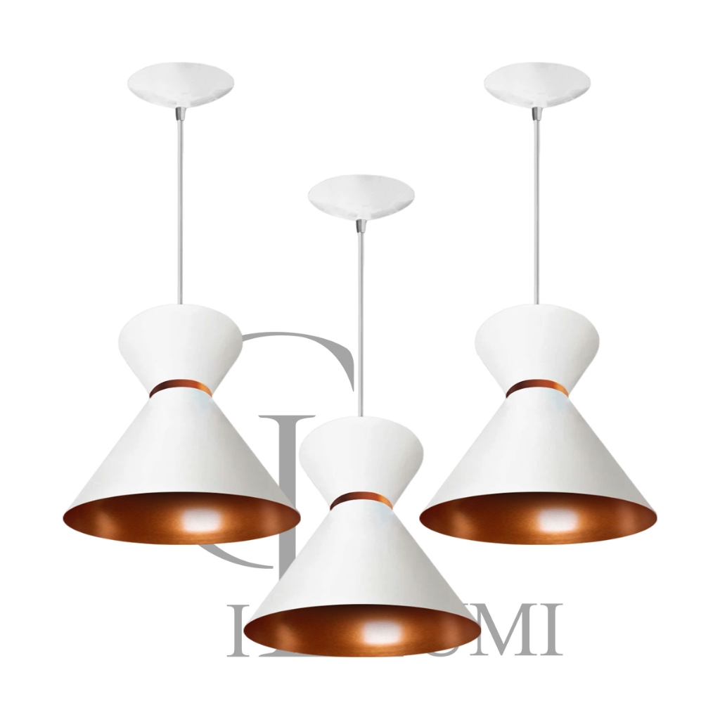 kit com 3 pendentes lustre luxo branco/cobre casa e decoração GR luminarias