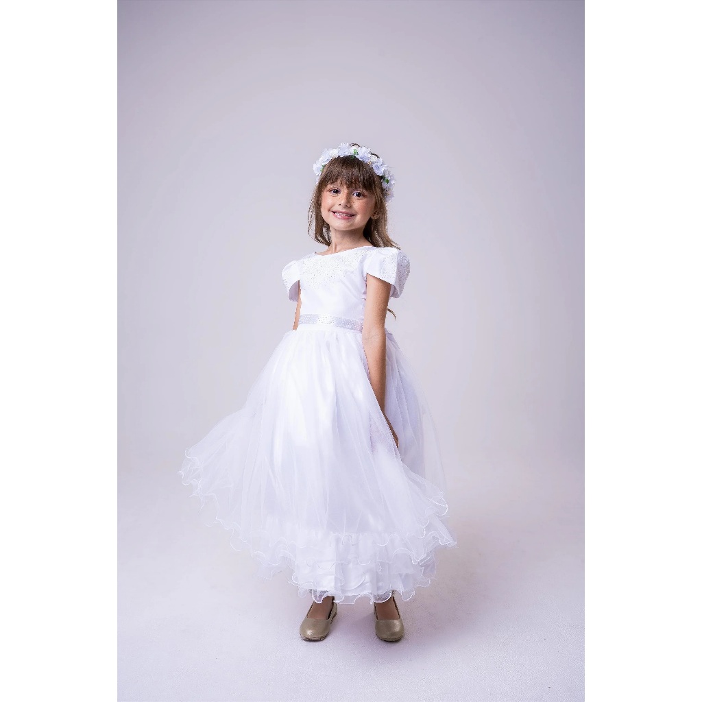 Vestido Enjoy Longo Branco Babadinho Casamento Formatura Noiva Batizado Elegante Luxo Clássico Cerimônia Festa Formal