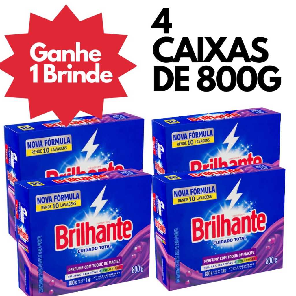 4 Caixas sabão em Pó Brilhante 800g cada Lava Roupas Concentrado