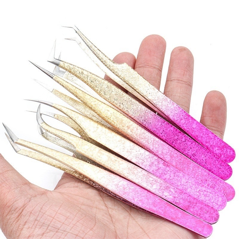 KIT 5 Peças Pinça Gradiente Para Cílios em Aço Inoxidável – Ferramenta de Maquiagem 3D  Não Magnética Alta Precisão
