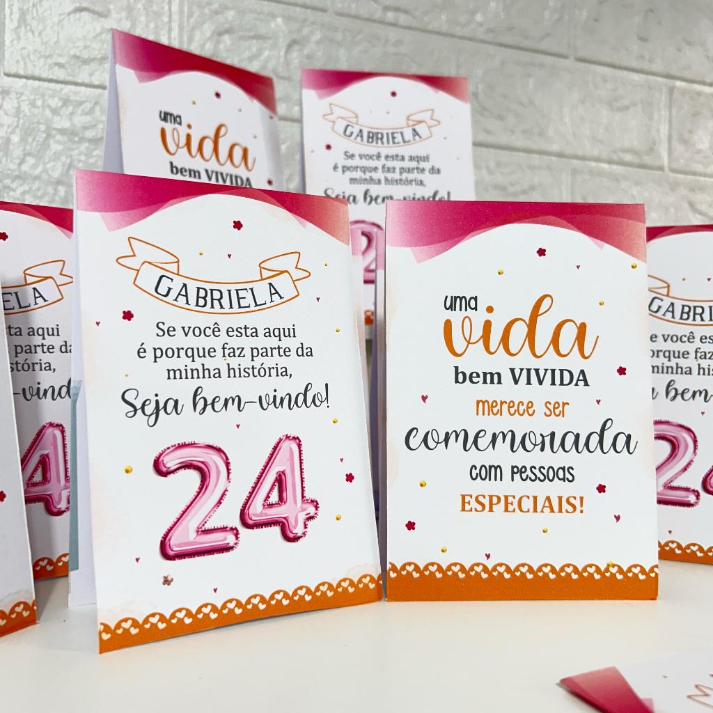 Centro de mesa agradecimento personalizado enfeite plaquinha aniversário adulto feminino 24 anos laranja e rosa pink