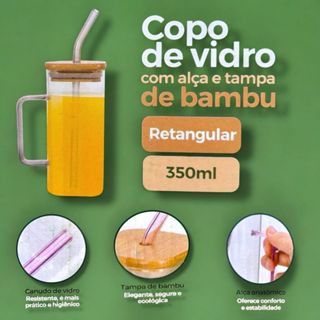 !!Envio Rápido- Copo de Vidro com Tampa de Bambu e Canudo de vidro 350ml em Oferta na Shopee