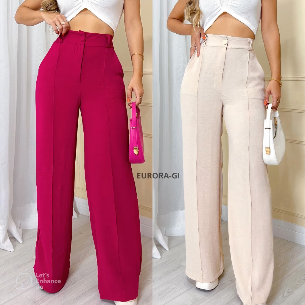 Calça Pantalona Feminina Com Botão e Elástico Na Cintura Tecido Duna Premium