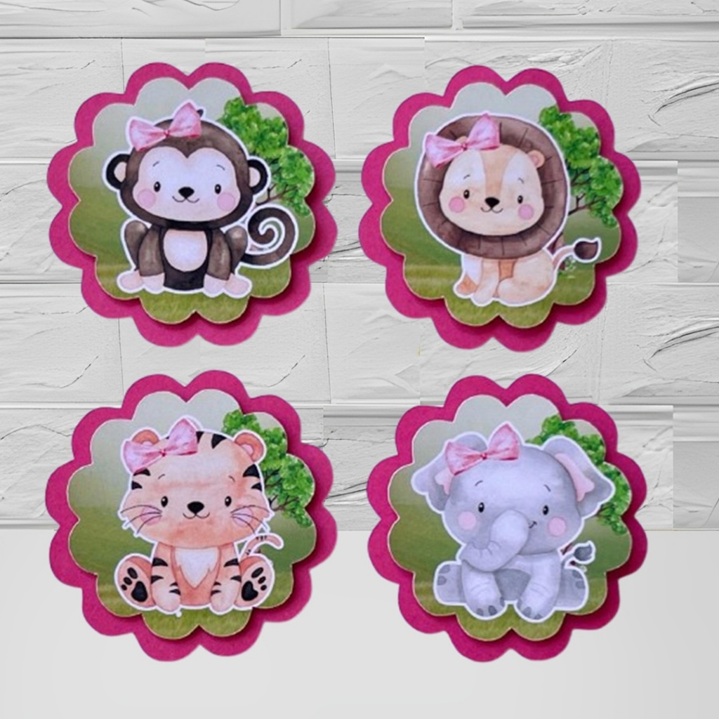 Aplique 3D Escalope Personalizados Safari Rosa Lembrancinhas para Festa Infantil Aniversário
