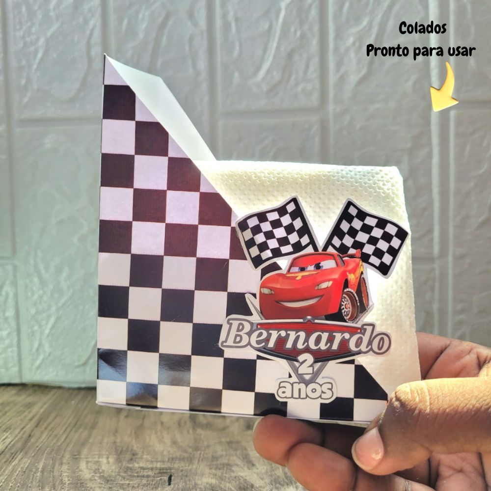 Porta Guardanapos Carros Mc Queen C/Nome Personalizado c/ Idade, Colado para Lembrancinha de Festa Infantil Aplique 3D