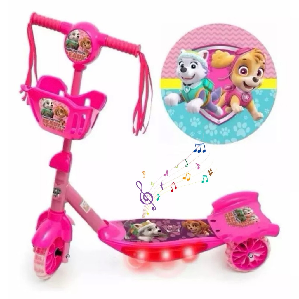 Patinete Patrulha Canina Meninos Meninas Patinete Infantil Musical 3 Rodas Cesta E Luzes Até 35kg