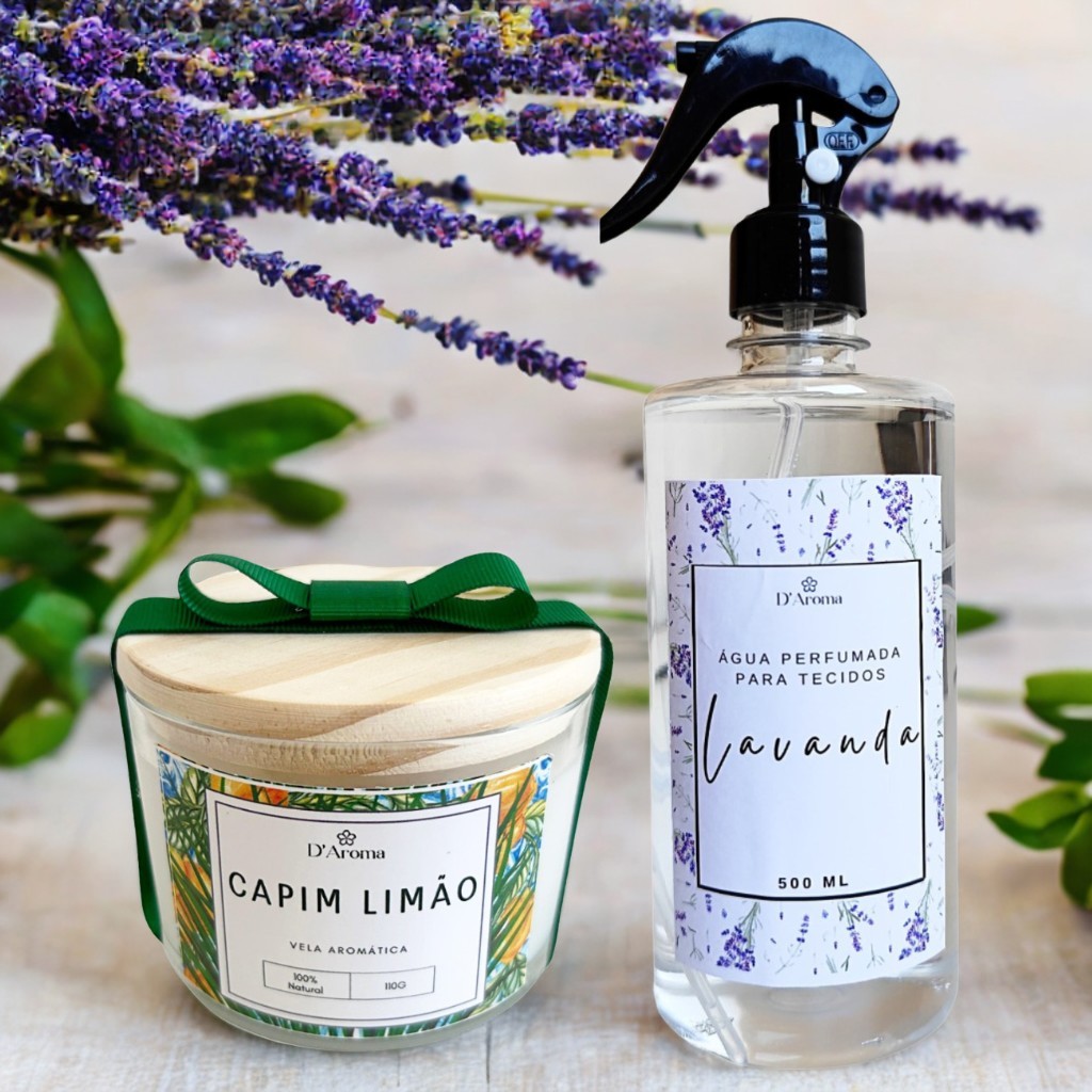 Kit 02 itens vela aromática 110g + água perfumada 500ml  várias fragrâncias premium